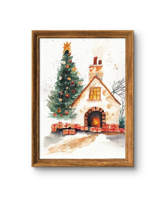 Christmas Cottage Glowing Fireplace Tree Gifts Watercolor Print