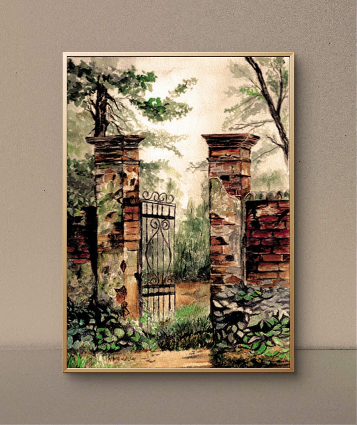 Old Garden Gate Weathered Brick Pillars Ivy Romantic Watercolor Print