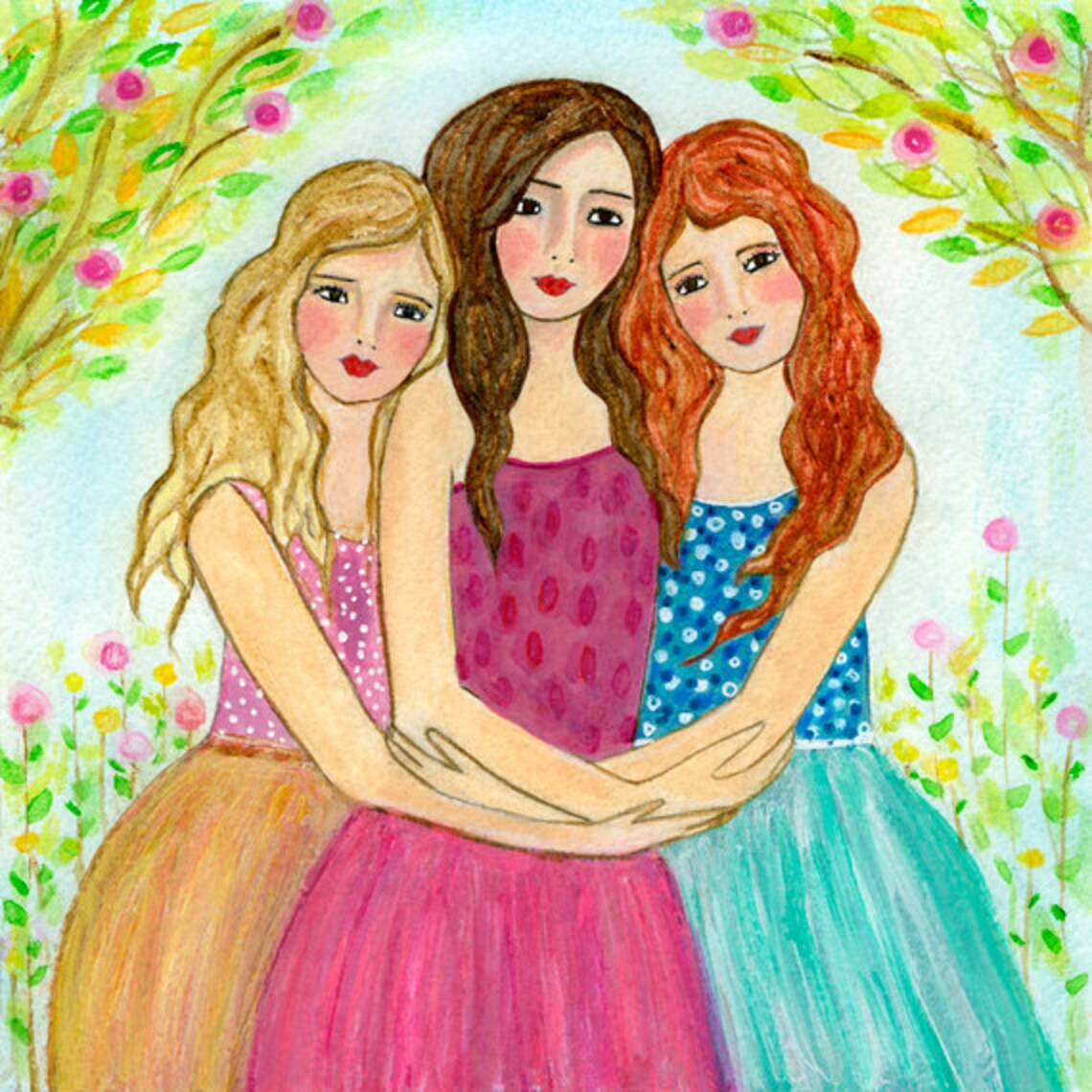Three Sisters Hugging in Blooming Garden Folk Art Wall Print