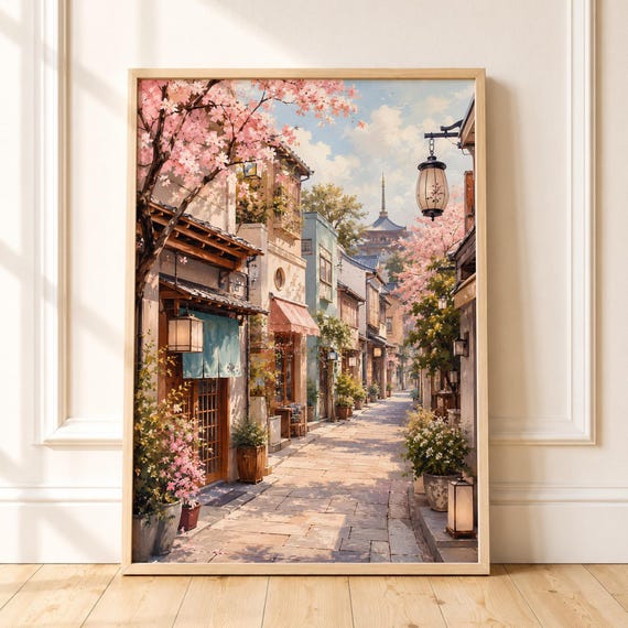 Japanese Street Art Cherry Blossom Pagoda Print Kyoto Sakura Landscape