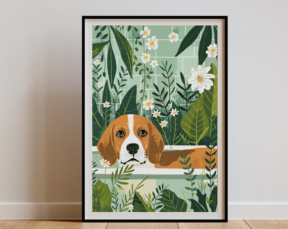 Beagle Resting Its Chin on a Botanical Bathtub Edge Wall Poster