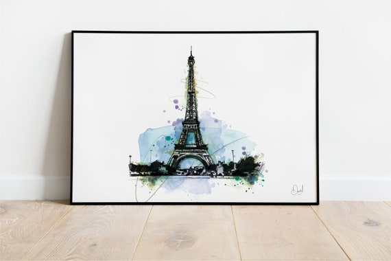 Eiffel Tower Art Print Paris Poster France Illustration Drawing Watercolour City