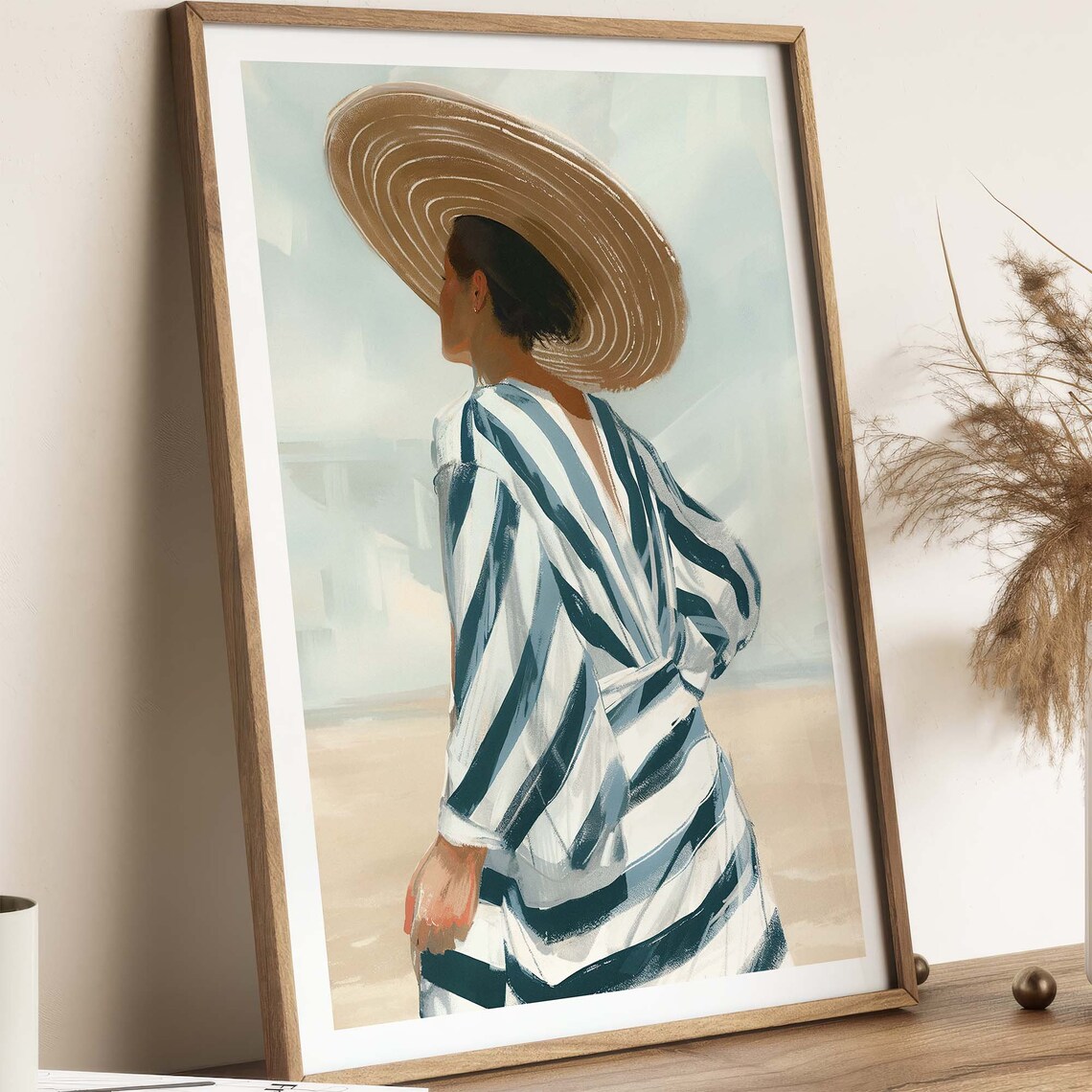 Woman in Striped Dress and Sun Hat at Beach Watercolor Poster - Image 3