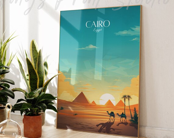 Cairo Egypt Pyramids Vintage Travel Poster Desert Sunset Scene