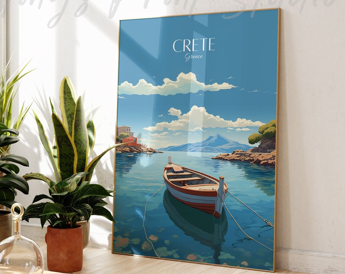 Crete Greece Wooden Boat Turquoise Bay Mountain Travel Art Poster