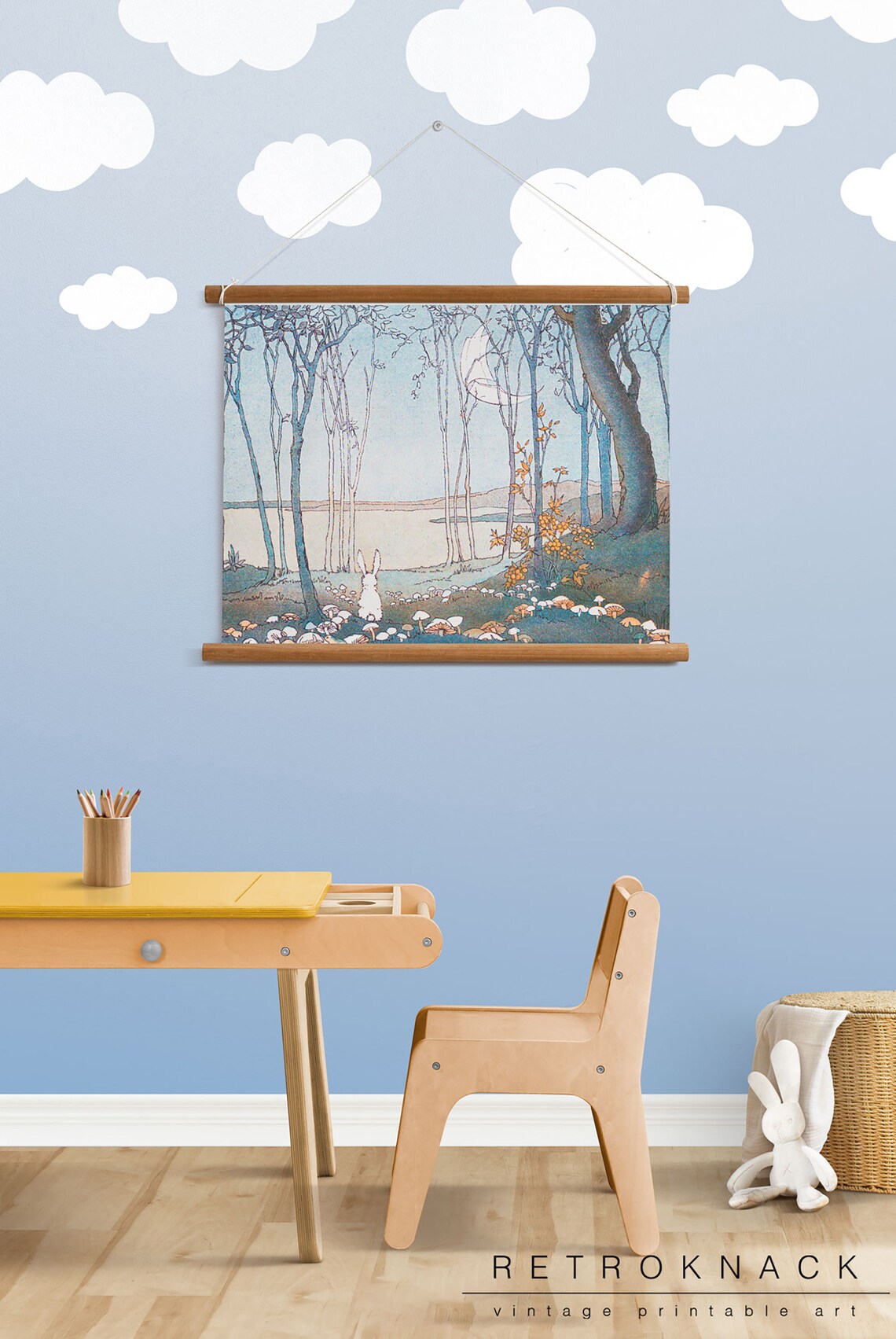 White Bunny Gazing at Crescent Moon in Mushroom Forest Night Nursery Print - Image 3