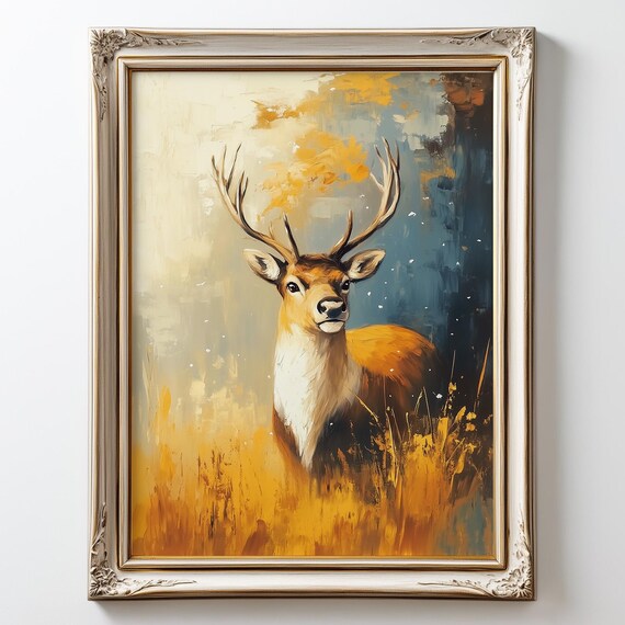 Majestic Stag Portrait in Golden Snowy Meadow Winter Oil Painting Poster