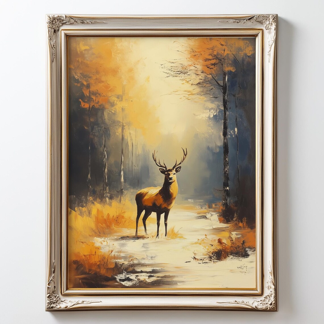Stag In Snowy Autumn Forest Golden Light Oil Painting Wall Art