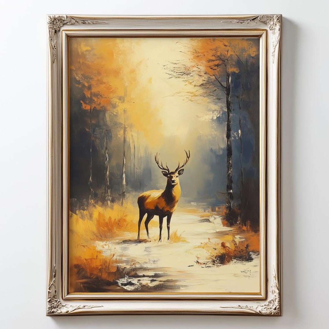 Stag In Snowy Forest Oil Painting Vintage Winter Wall Art