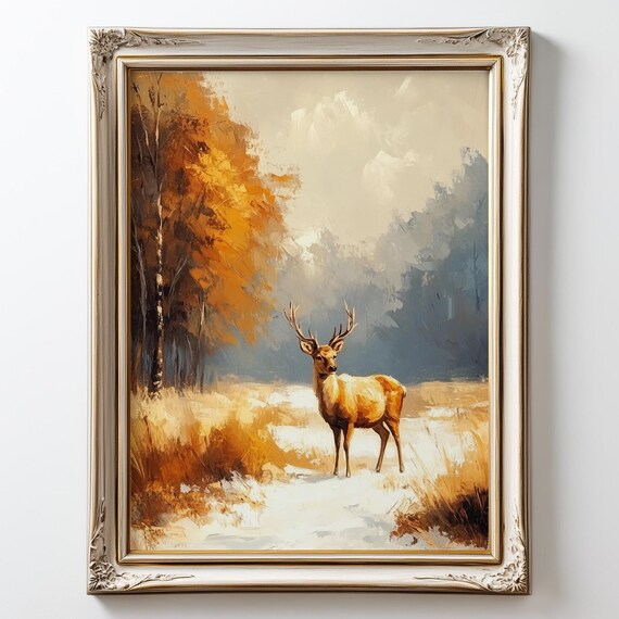 Rustic Stag In Snowy Clearing Vintage Winter Landscape Art Moody Deer Painting Serene Farmhouse Decor Wall 4