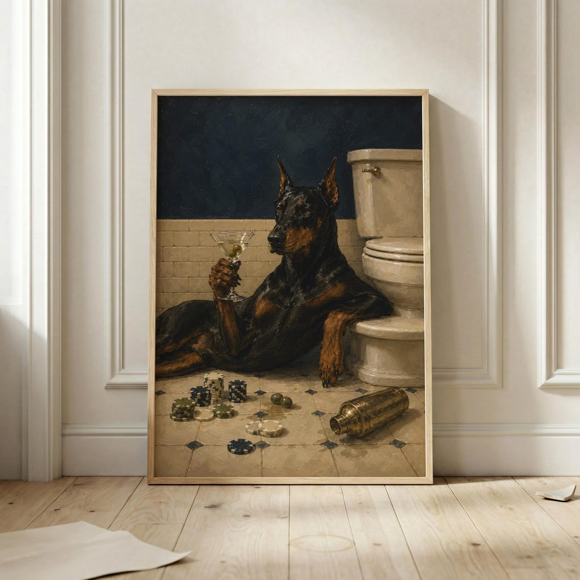 Funny Doberman Dog Holding Martini Bathroom Poker Night Poster