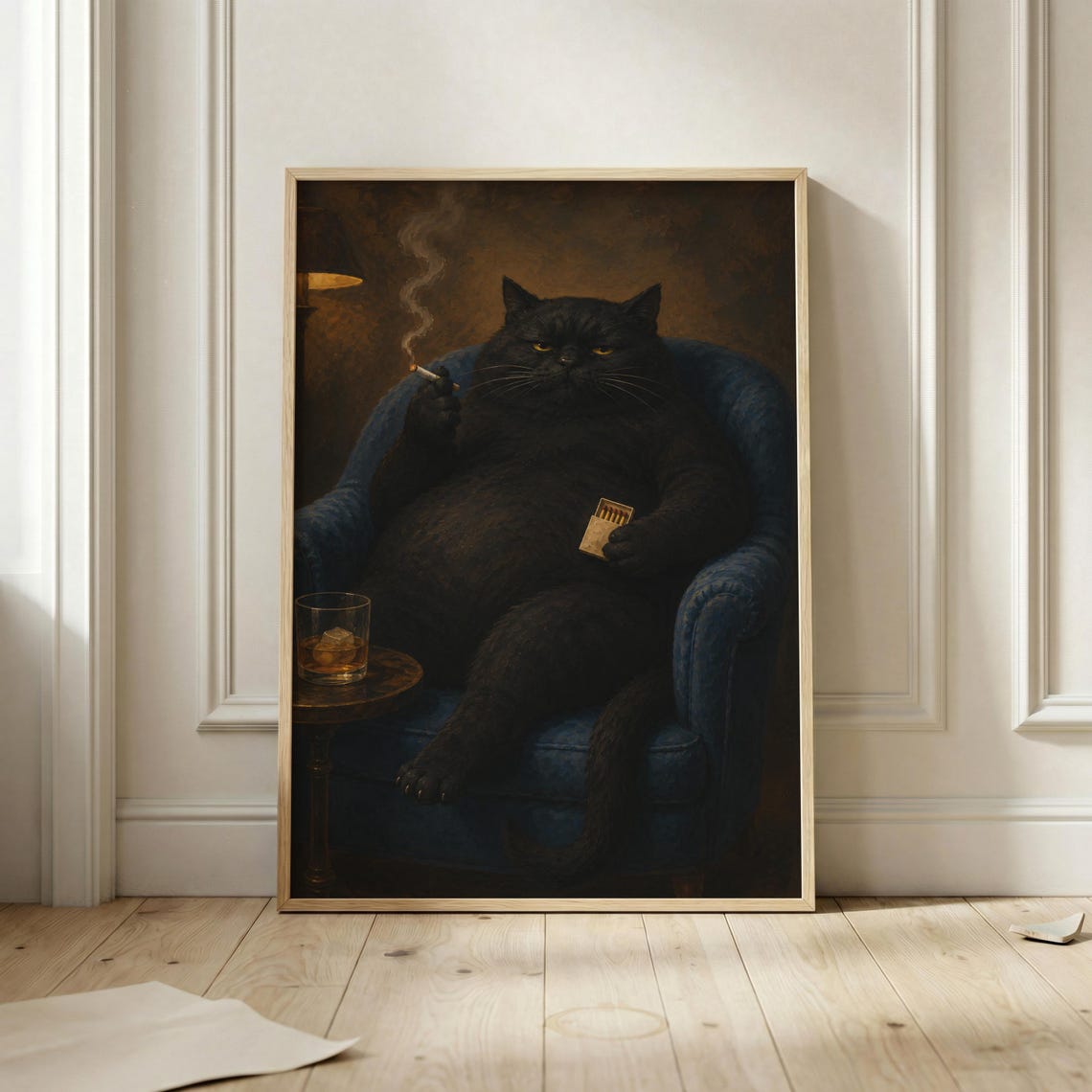 Black Cat Smoking Poster Moody Noir Wall Art Whiskey Lounge Print Dark Academia Animal Decor