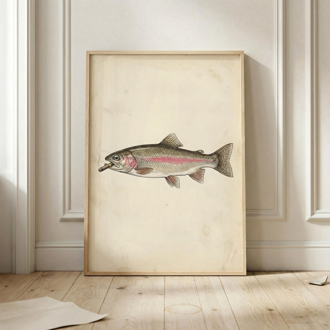 Smoking Rainbow Trout Cigar Vintage Fishing Illustration Poster