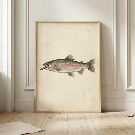 Funny Smoking Trout Fish Poster Vintage Fishing Wall Art Rainbow Print Fisherman Gift Decor Rustic Cabin