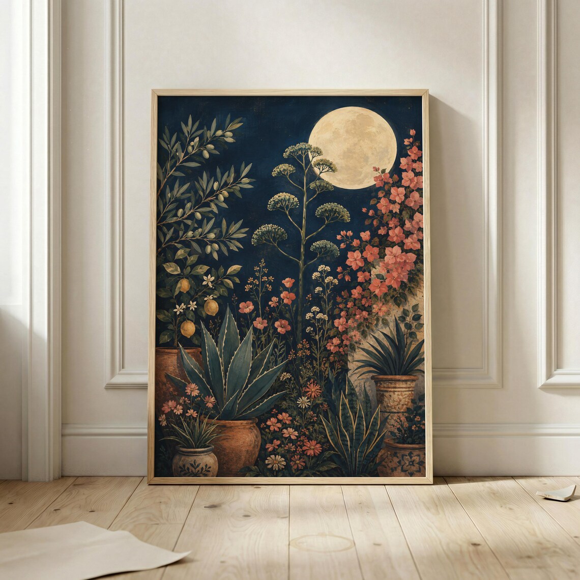 Moonlit Mediterranean Garden Poster, Botanical Art Print