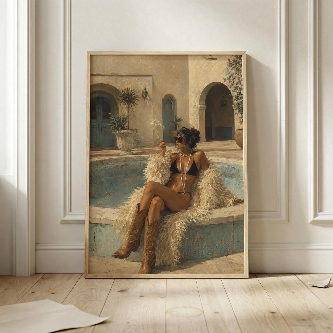 Cowgirl in Bikini Fur Stole Cowboy Boots Hacienda Pool Glam Poster