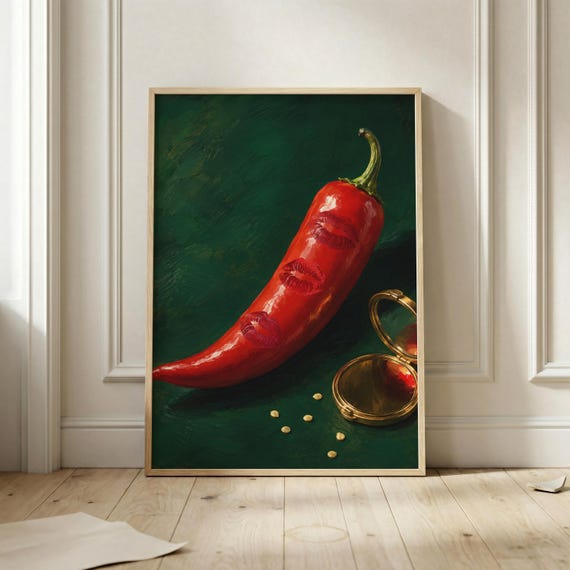 Kiss Me Chili Pepper Poster Red Lipstick Wall Art Dark Green Kitchen Decor Flirty Food Print Bold Maximalist Dining Room