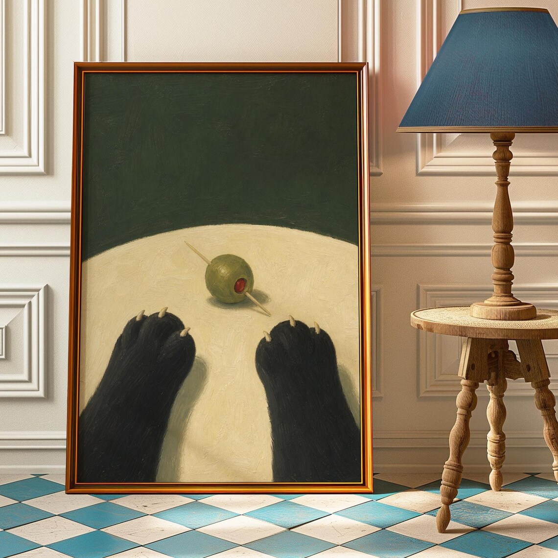 Black Cat Paws Olive Poster Minimal Funny Cocktail Kitty Green Wall Decor