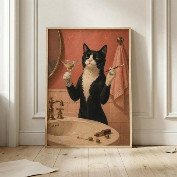 Tuxedo Cat Cocktail Wall Art Print Funny Bathroom Poster Martini Artwork Vintage Inspired Pet Decor Whimsical Home