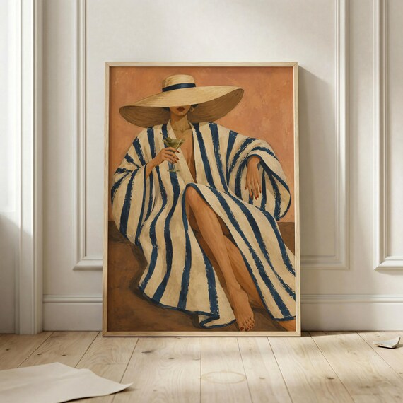 Striped Robe Woman With Martini Chic Resort Beach Hat Summer Style Poster