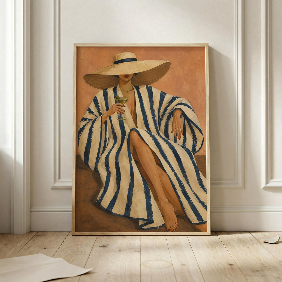 Striped Robe Woman With Martini Chic Resort Beach Hat Summer Style Poster