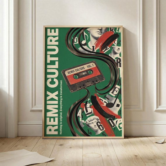 Remix Culture Cassette Tape Green Retro Music Collage Poster