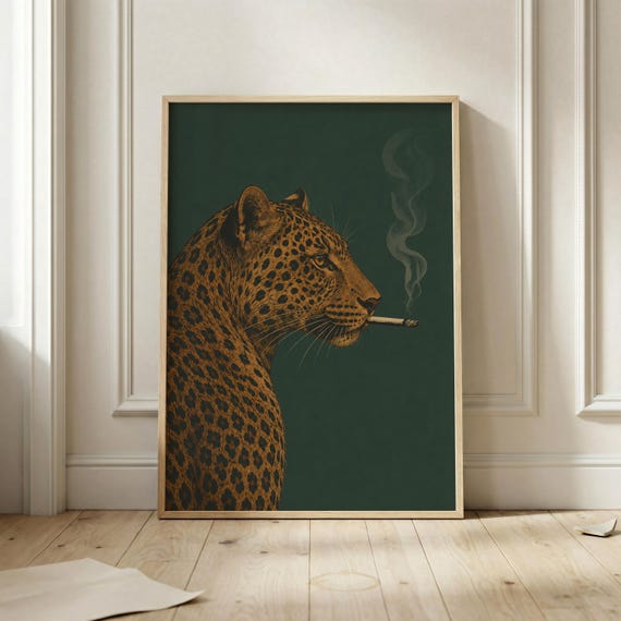 Leopard Smoking Poster Green Jungle Cat Wall Art Print Vintage Safari Animal Portrait Maximalist Decor