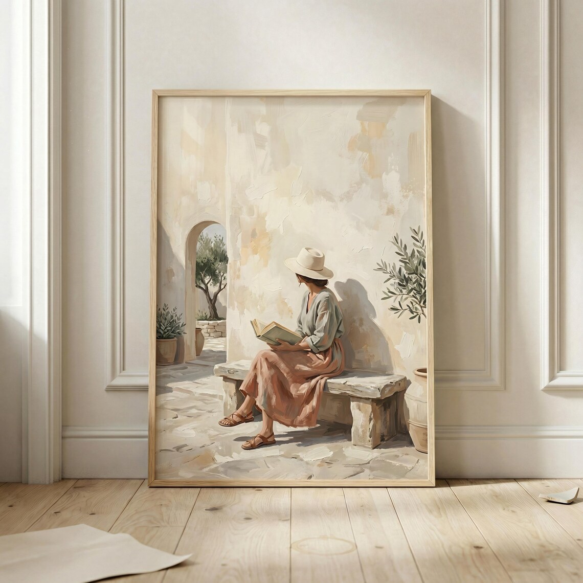 Woman Reading in Sunlit Mediterranean Courtyard Serene Painting Poster