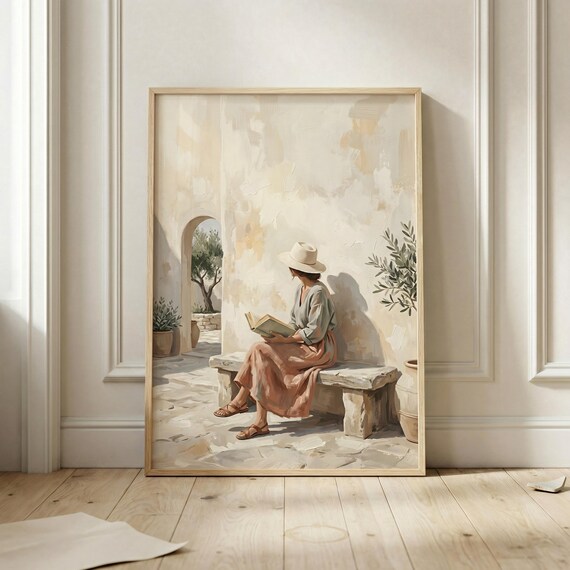 Woman Reading in Sunlit Mediterranean Courtyard Serene Painting Poster