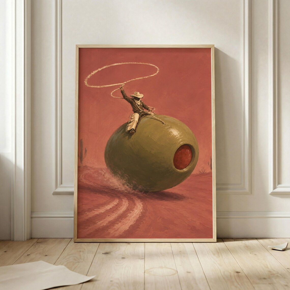 Cowboy Riding Olive Poster, Surreal Western Art Print