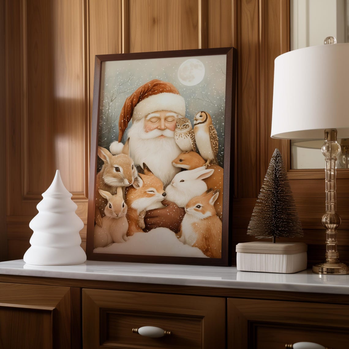 Santa Claus Cuddling Forest Animals in Moonlit Snow Christmas Poster - Image 2