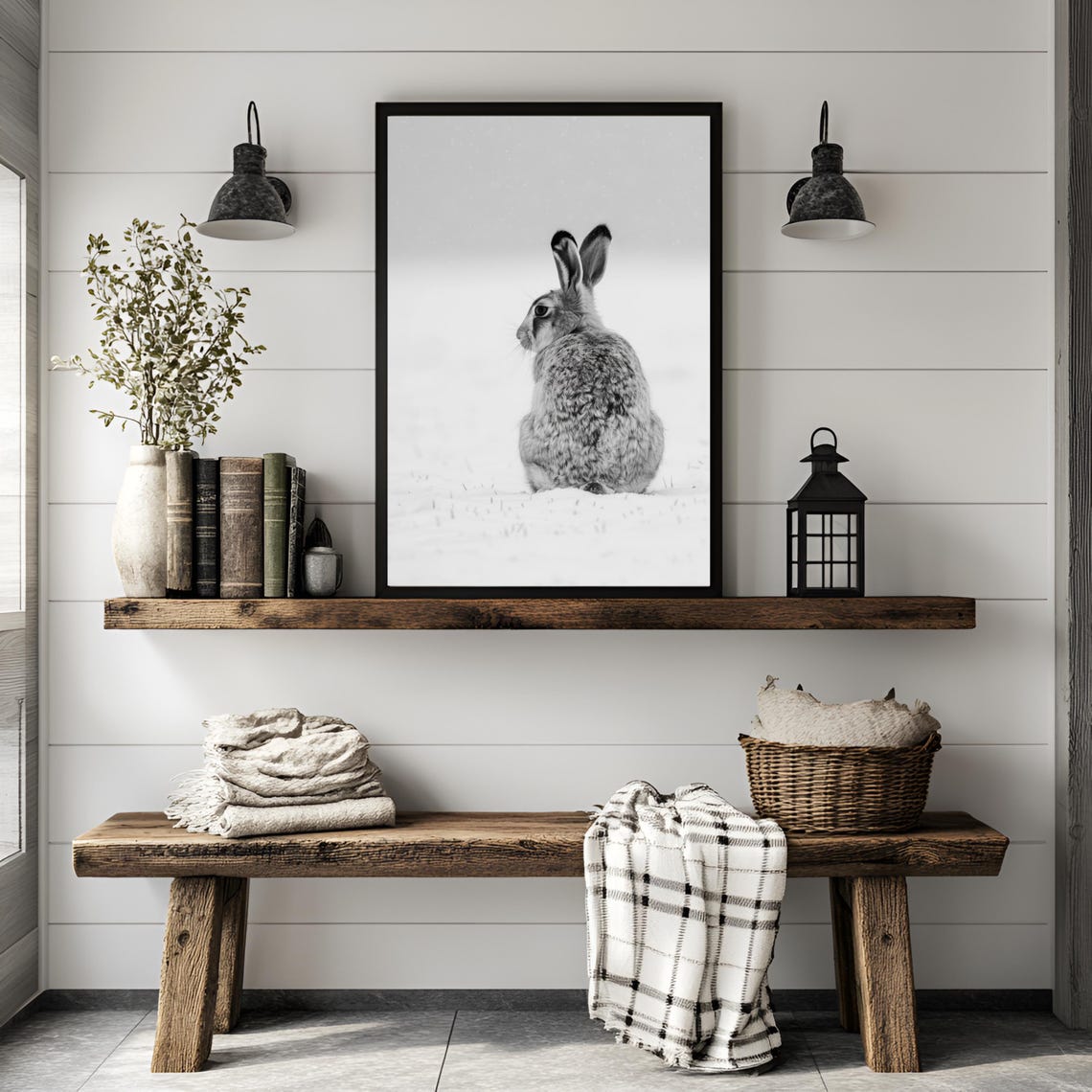 Wild Hare Sitting in Snow Black and White Winter Wildlife Poster - Image 2
