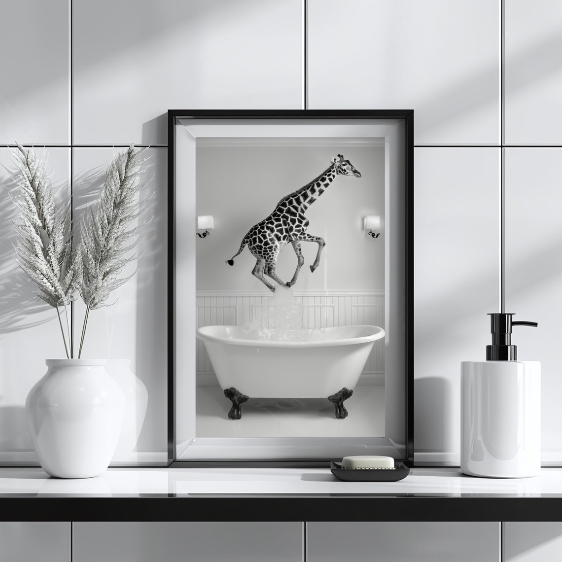 Giraffe Jumping Into Bathtub Funny Black and White Bathroom Poster - Image 3