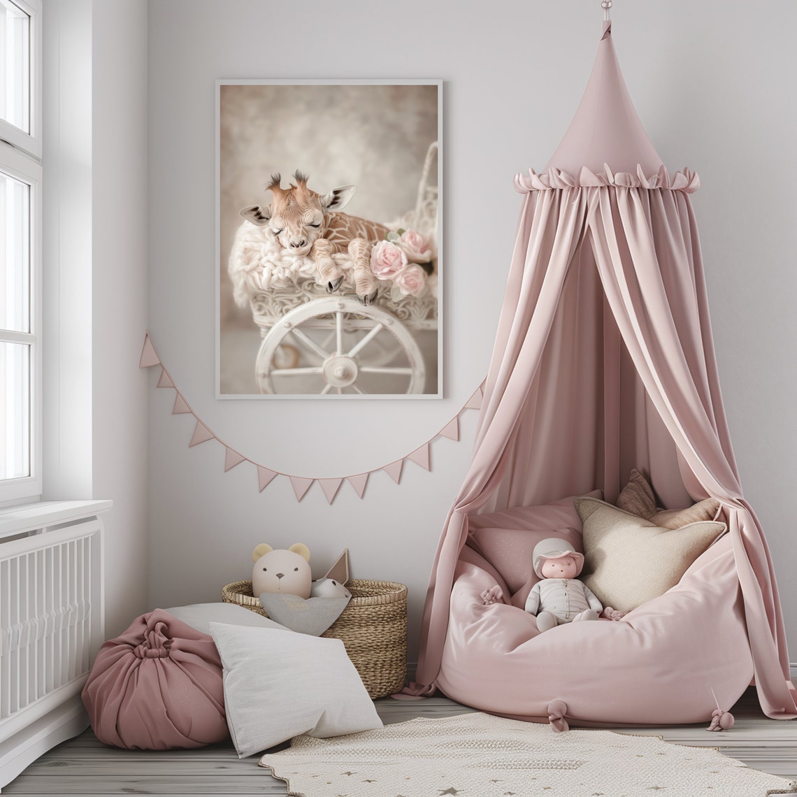 Baby Giraffe Sleeping on White Stroller With Pink Roses Poster - Image 3