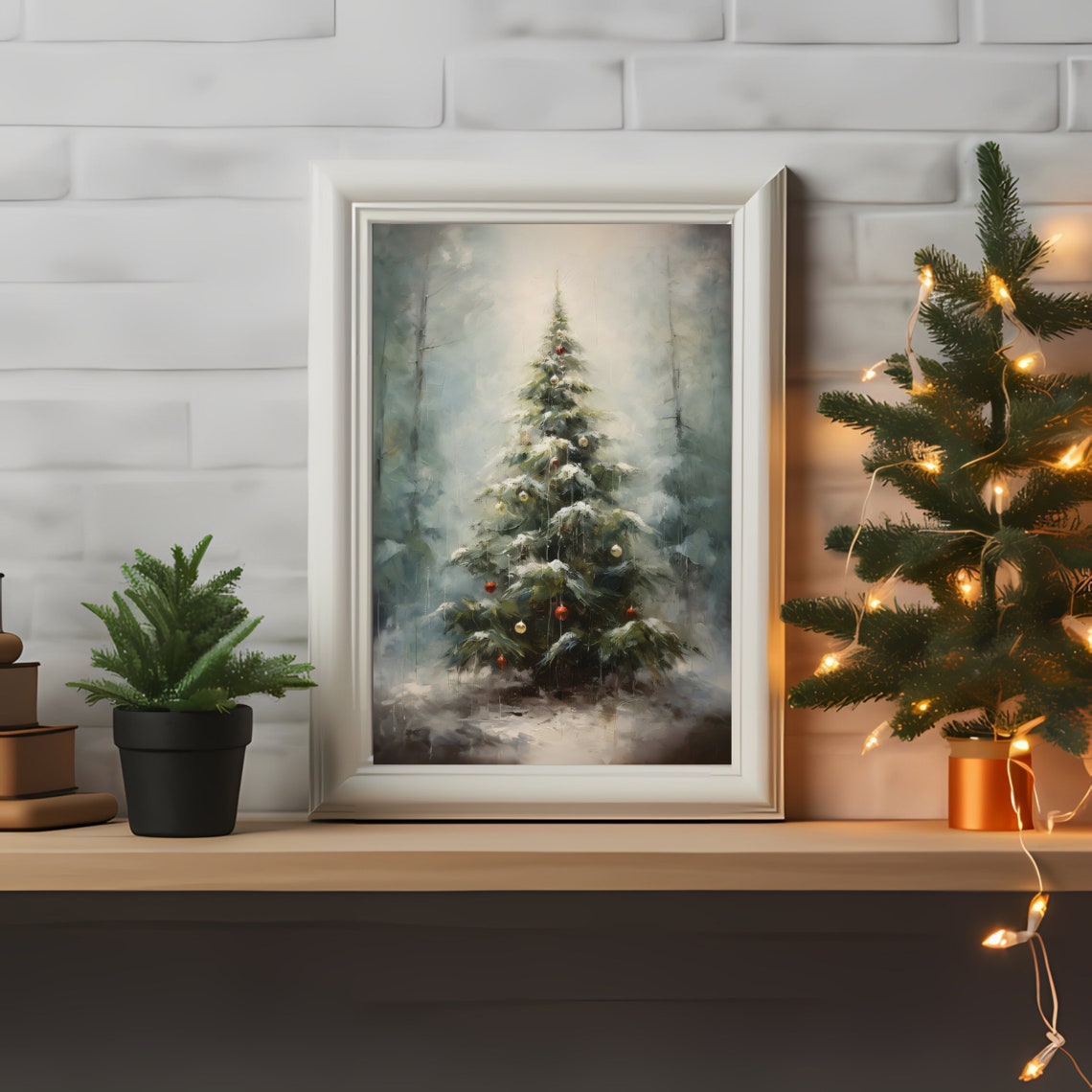 Snowy Christmas Tree in a Misty Forest Winter Painting Poster - Image 2