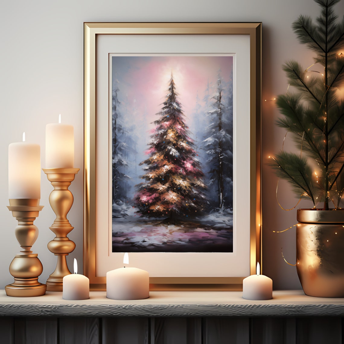Pastel Pink Christmas Tree Snowy Forest Winter Painting Poster - Image 3