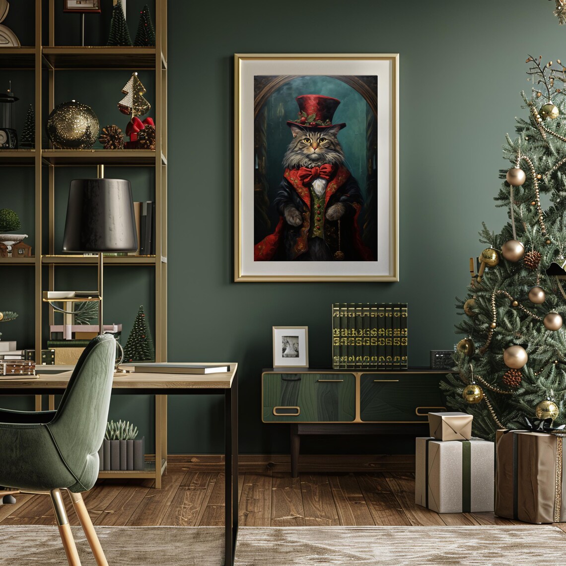 Elegant Cat In Victorian Christmas Attire, Vintage - Image 3