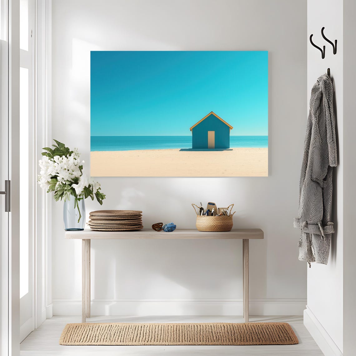 Minimalist Teal Beach Hut on Sandy Shore Under Blue Sky Poster - Image 3
