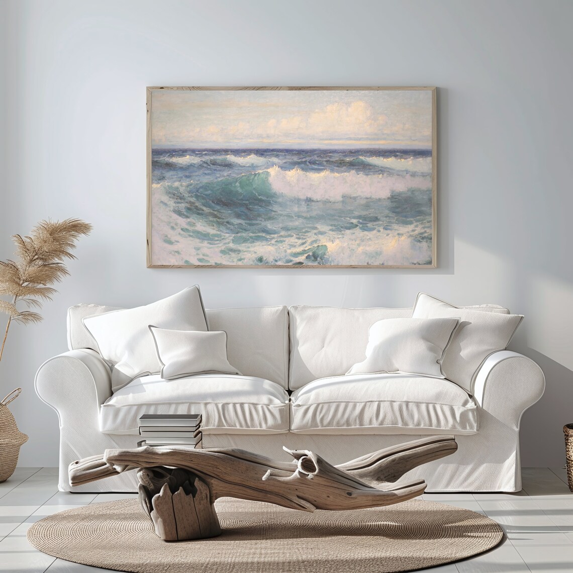 Foamy Ocean Waves Crashing Sunlit Surf Vintage Seascape Oil Painting Print - Image 2