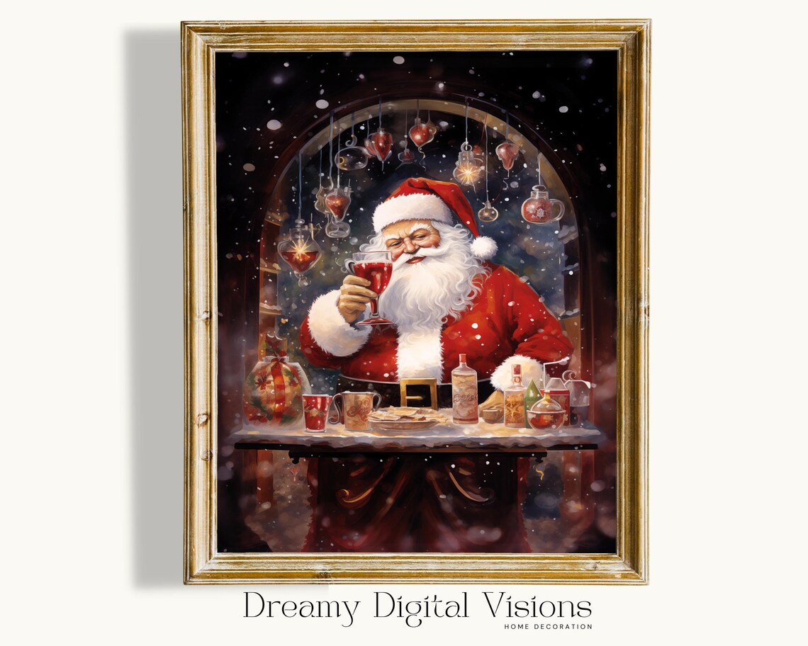 Santa Claus Bar Cart Cocktail Christmas Kitchen Holiday Poster