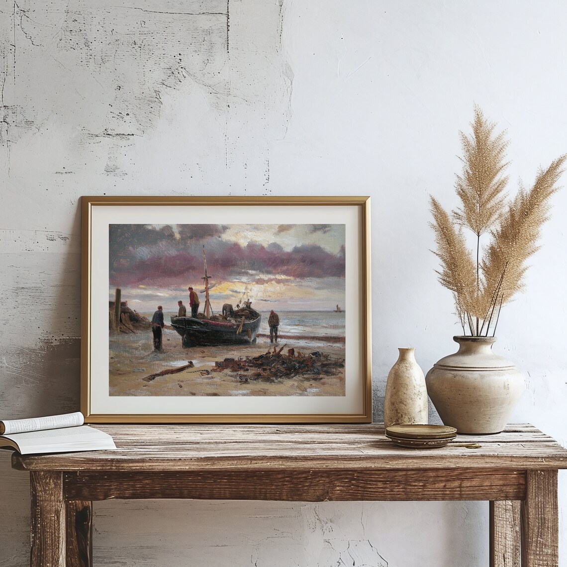 Fishermen Launching Boat at Dusk Vintage Coastal Seascape Oil Painting Print - Image 3