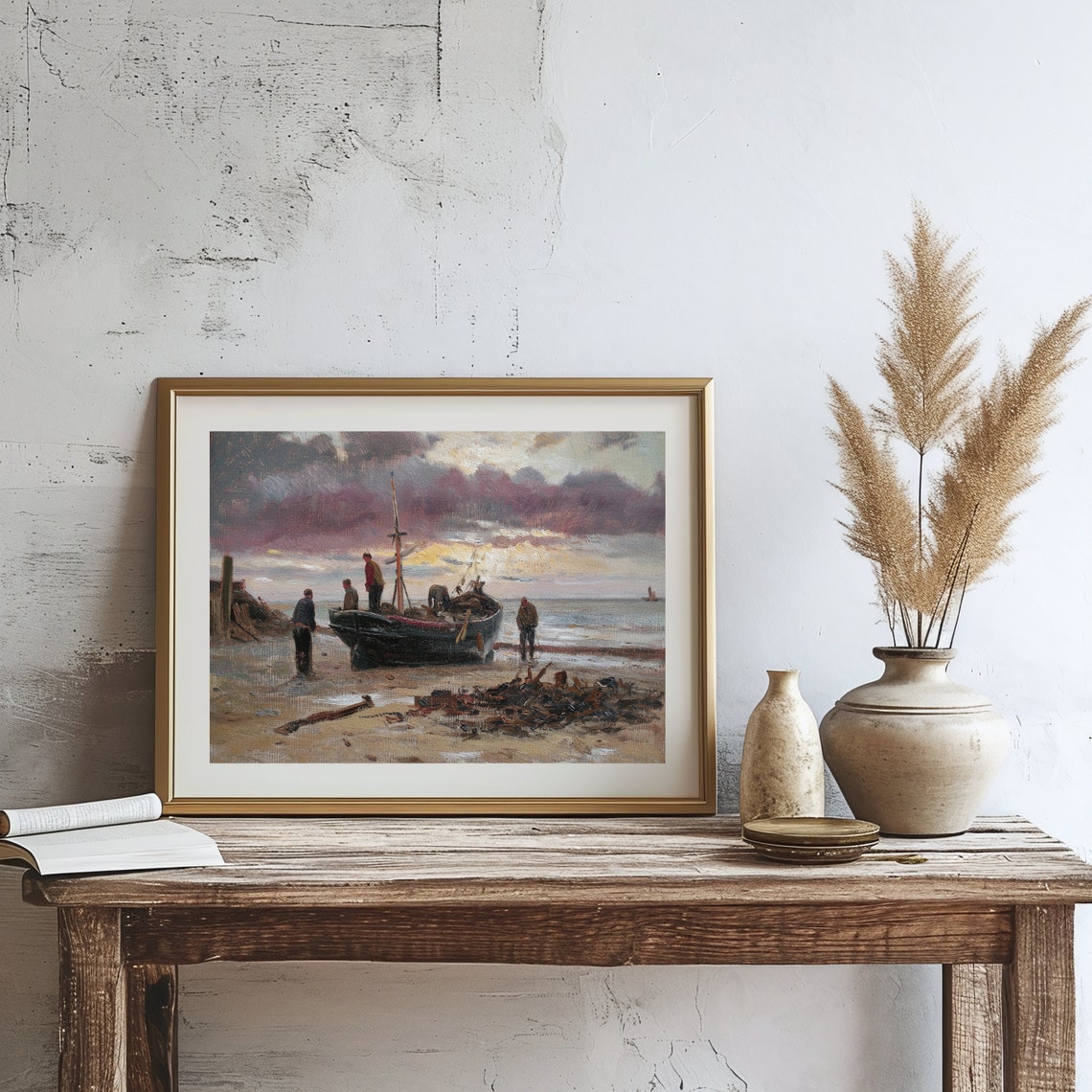 Vintage Seascape Coastal Print Fishing Boat Rustic Farmhouse Decor Coastal Farmhouse Print Beach Print Oil Painting - Image 3