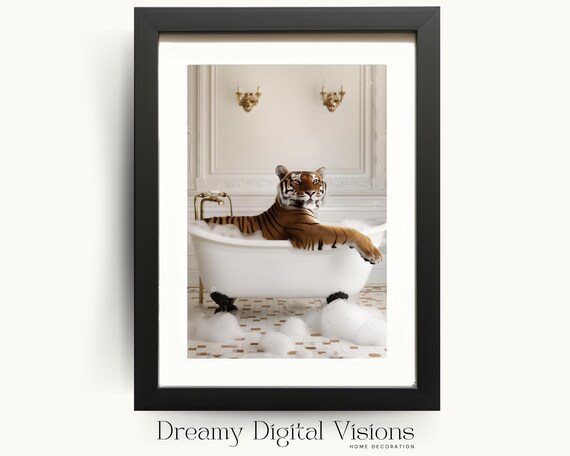 Tiger In Bathtub Poster Funny Elegant Bathroom Animal Photo Cute Tiger Bath Art