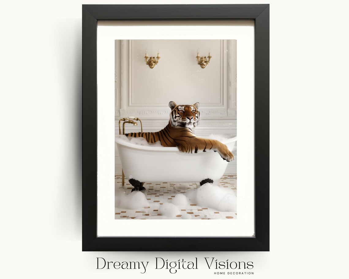 Tiger In Bathtub Poster Funny Elegant Bathroom Animal Photo Cute Tiger Bath Art
