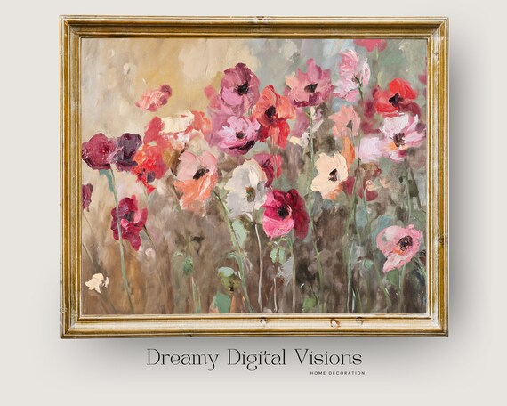 Red and Pink Poppy Field Blooming Vintage Floral Oil Painting Style Print