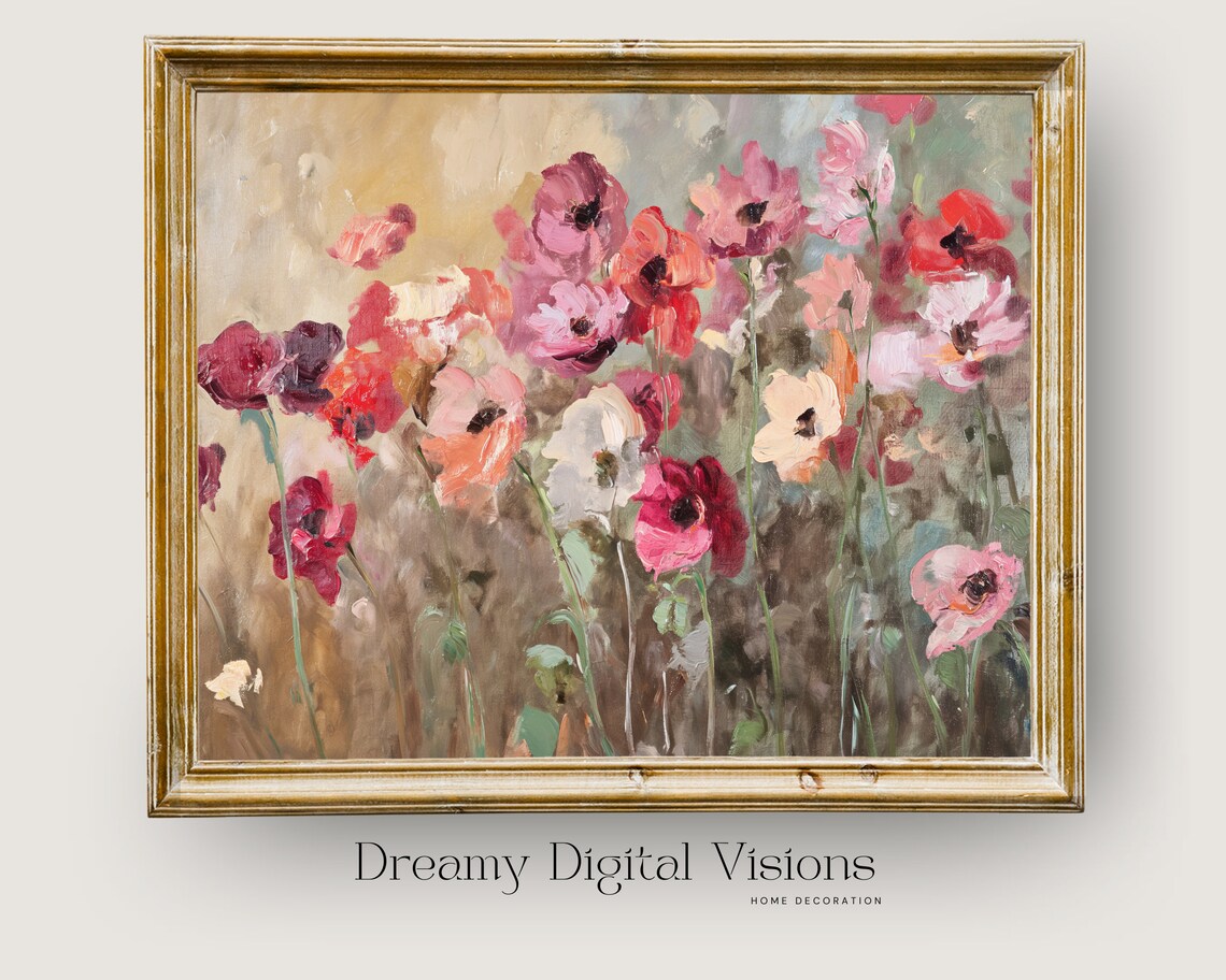 Red and Pink Poppy Field Blooming Vintage Floral Oil Painting Style Print