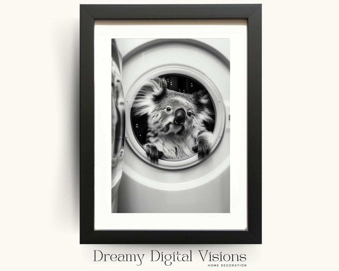 Koala In Washing Machine Poster Funny Laundry Room Black And White Photo Decor