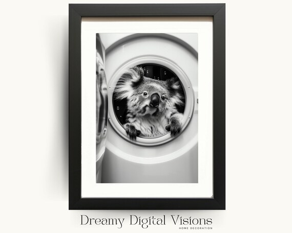 Koala In Washing Machine Poster Funny Laundry Room Black And White Photo Decor