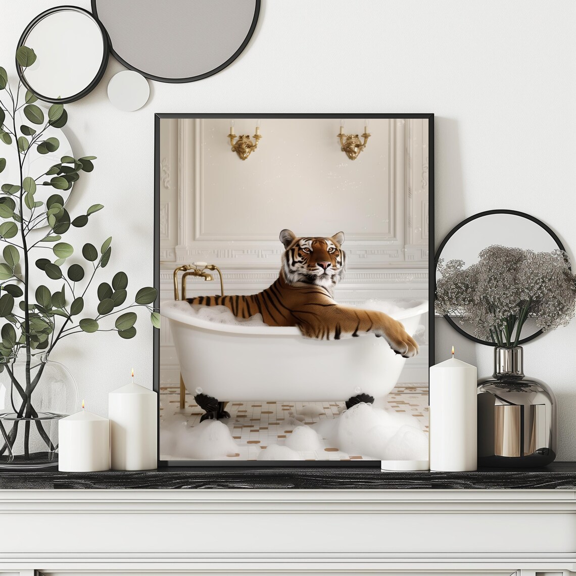 Tiger In Bathtub Poster Funny Elegant Bathroom Animal Photo Cute Tiger Bath Art - Image 2
