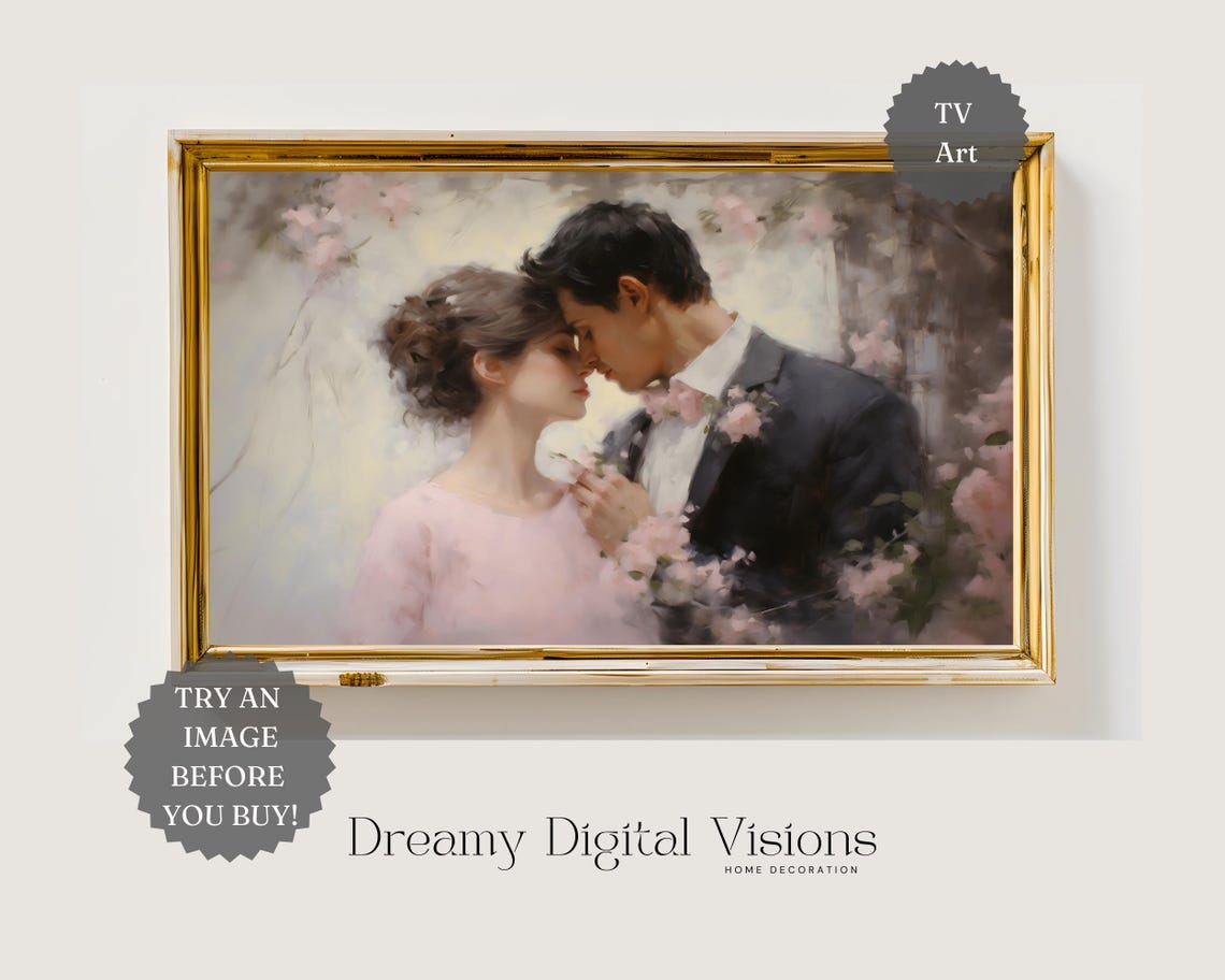 Romantic Newlywed Couple Embrace Soft Blush Floral Valentine Day Print